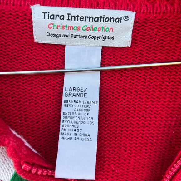 VTG Tiara Ugly Christmas cardigan sweater poinsettia snowflake Holly pinecone L - Picture 4 of 6